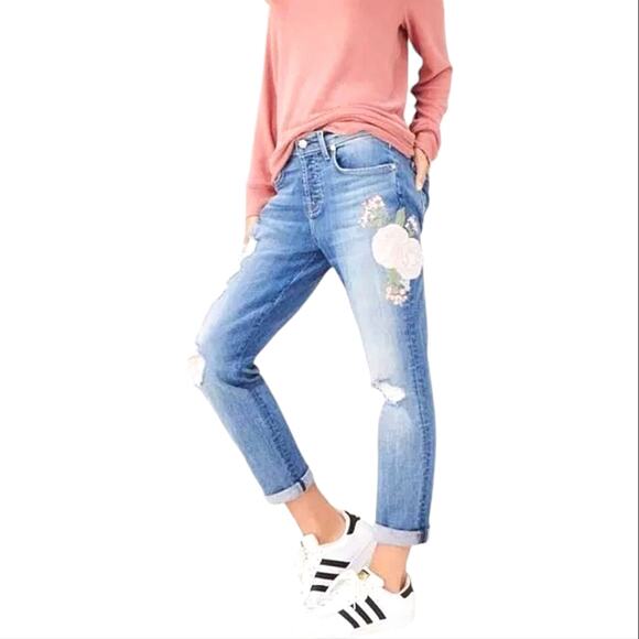 7 For All Mankind Josefina Embroidered Botanical Boyfriend Denim Distressed Jean - Picture 1 of 9